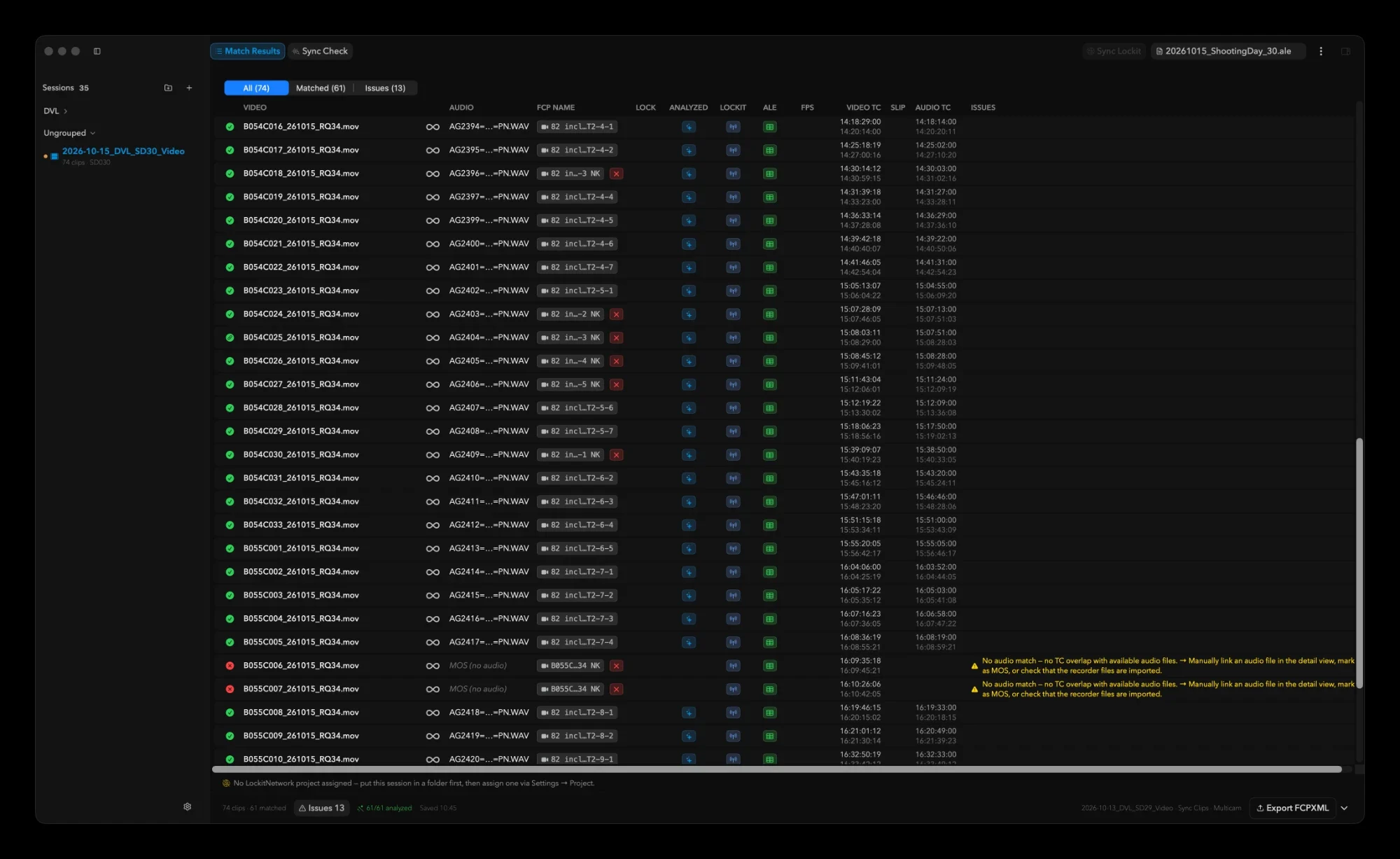 Match Results table listing every video clip with its paired audio file, timecode and issues