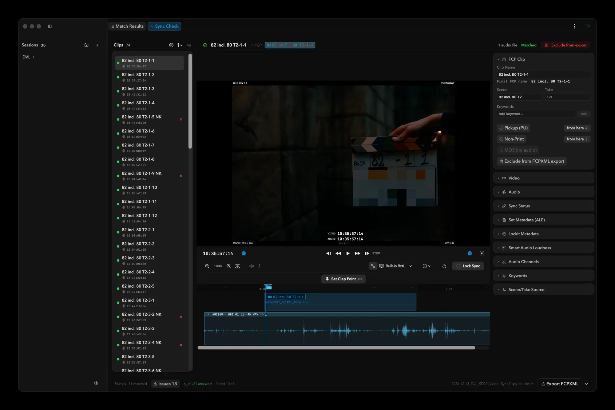 Sync Check with video preview, audio waveform, clap point and clip details
