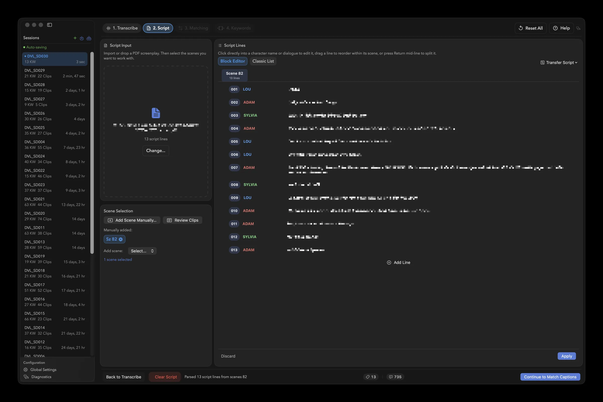 Page 2 Script with the screenplay lines in the Block Editor