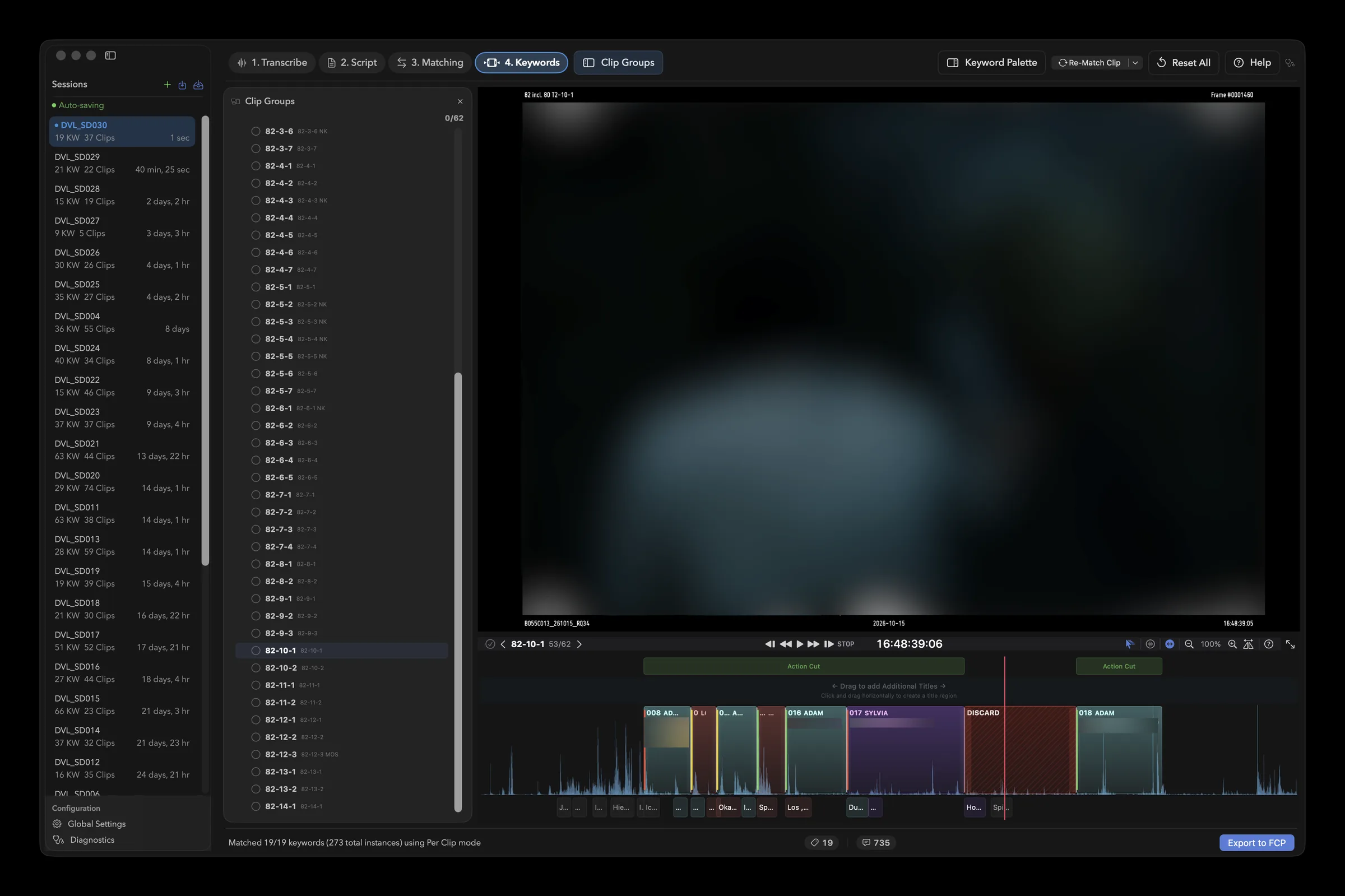 Keyword timeline with one block per script line, Action Cut and Discard regions